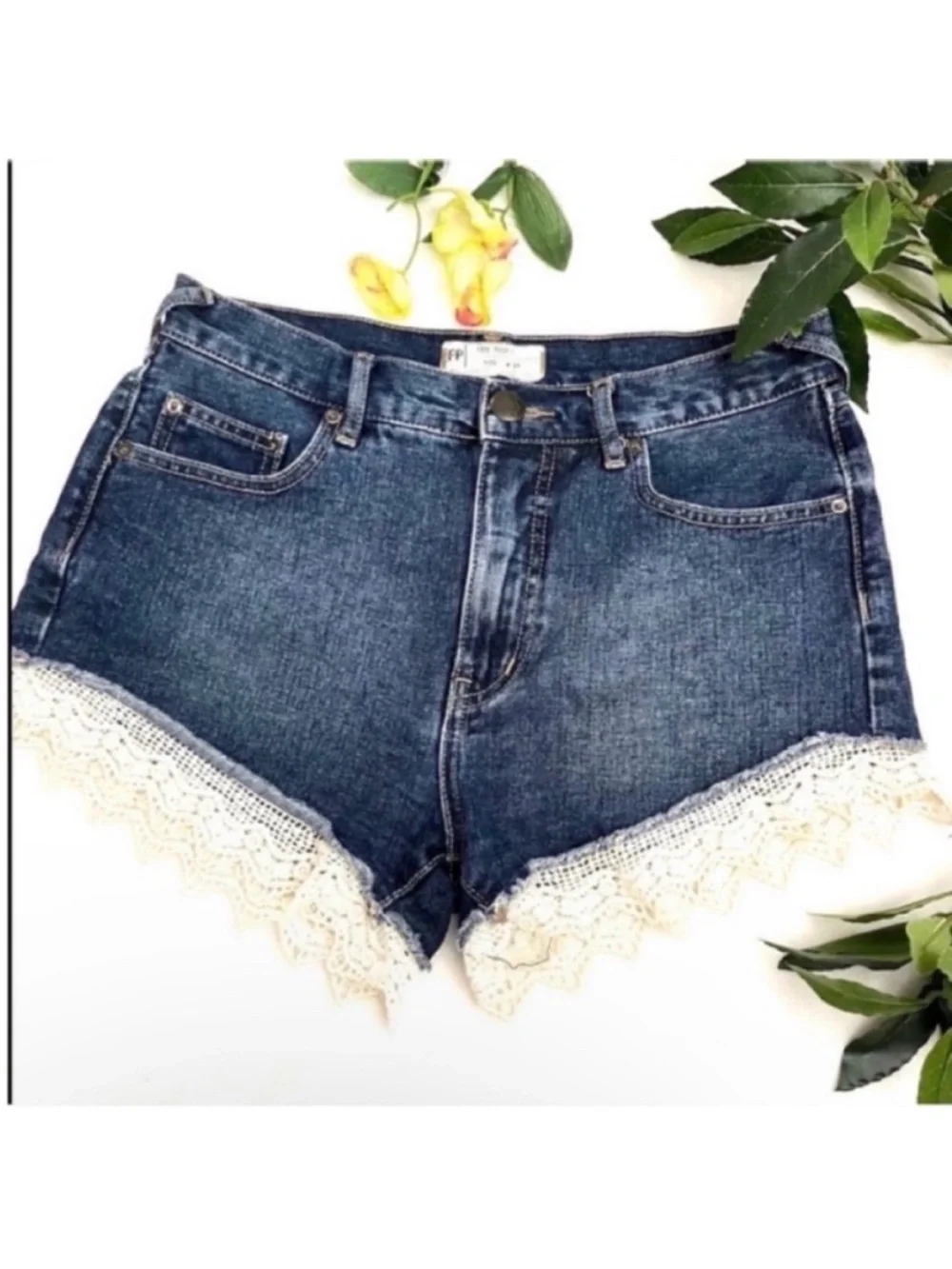 Free People Dark Blue Denim Shorts with Cream Lace Trim Size 26